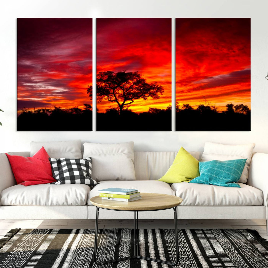 Red Sunset Landscape Artwork Printing, Forest Tree Wall Art Canvas Print