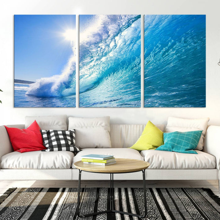 Blue Big Wave Surf Ocean Canvas Wall Art Artwork Print, Art mural de plage, Art de mur de mer