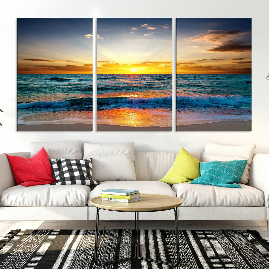 Vibrant Ocean Sunrise Over Golden Beach Waves, Giclee Canvas Wall Art Set, High-Quality Stretched Canvas Print, Ready to Hang Coastal Sunset Wall