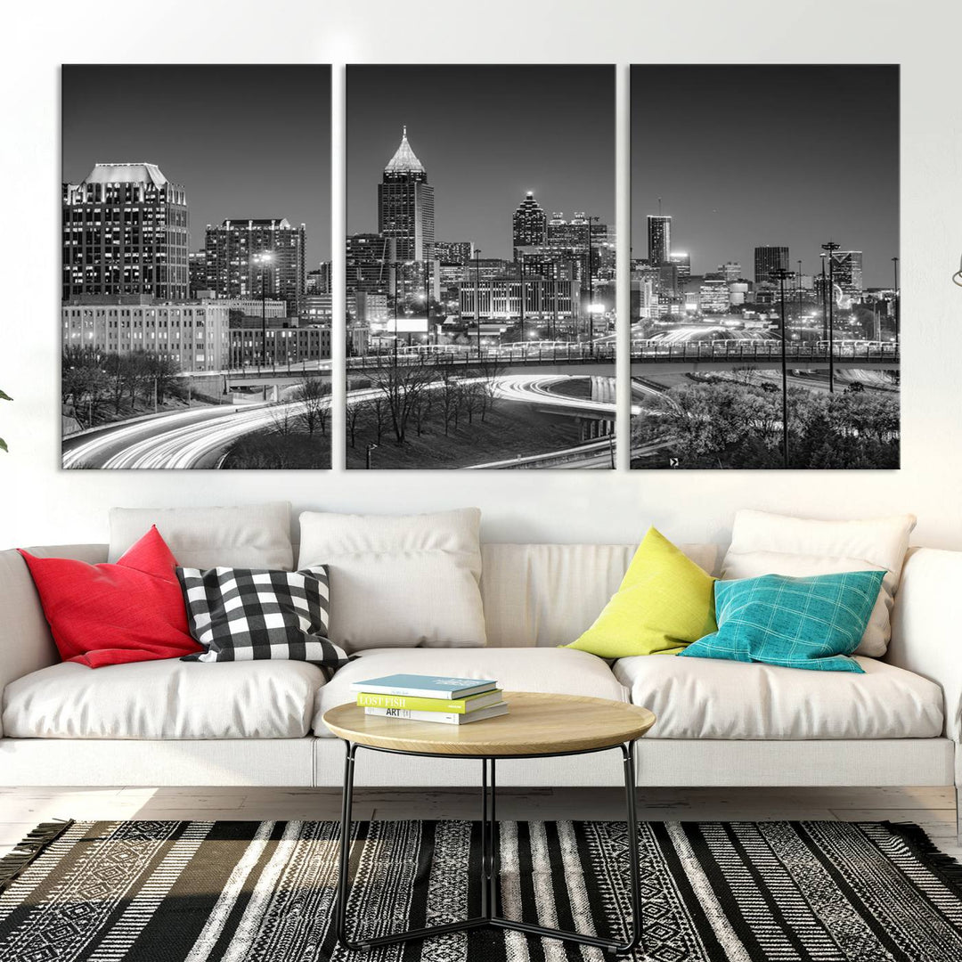 Skyline de luces de la ciudad de Atlanta Arte de pared en blanco y negro Paisaje urbano Lienzo