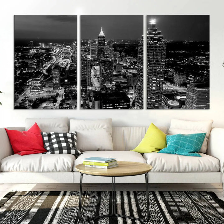 The Atlanta City Lights Skyline Black and White Wall Art Cityscape Canvas Print is elegantly displayed on the wall. These museum-quality canvases arrive ready to hang, making your art display both effortless and sophisticated.