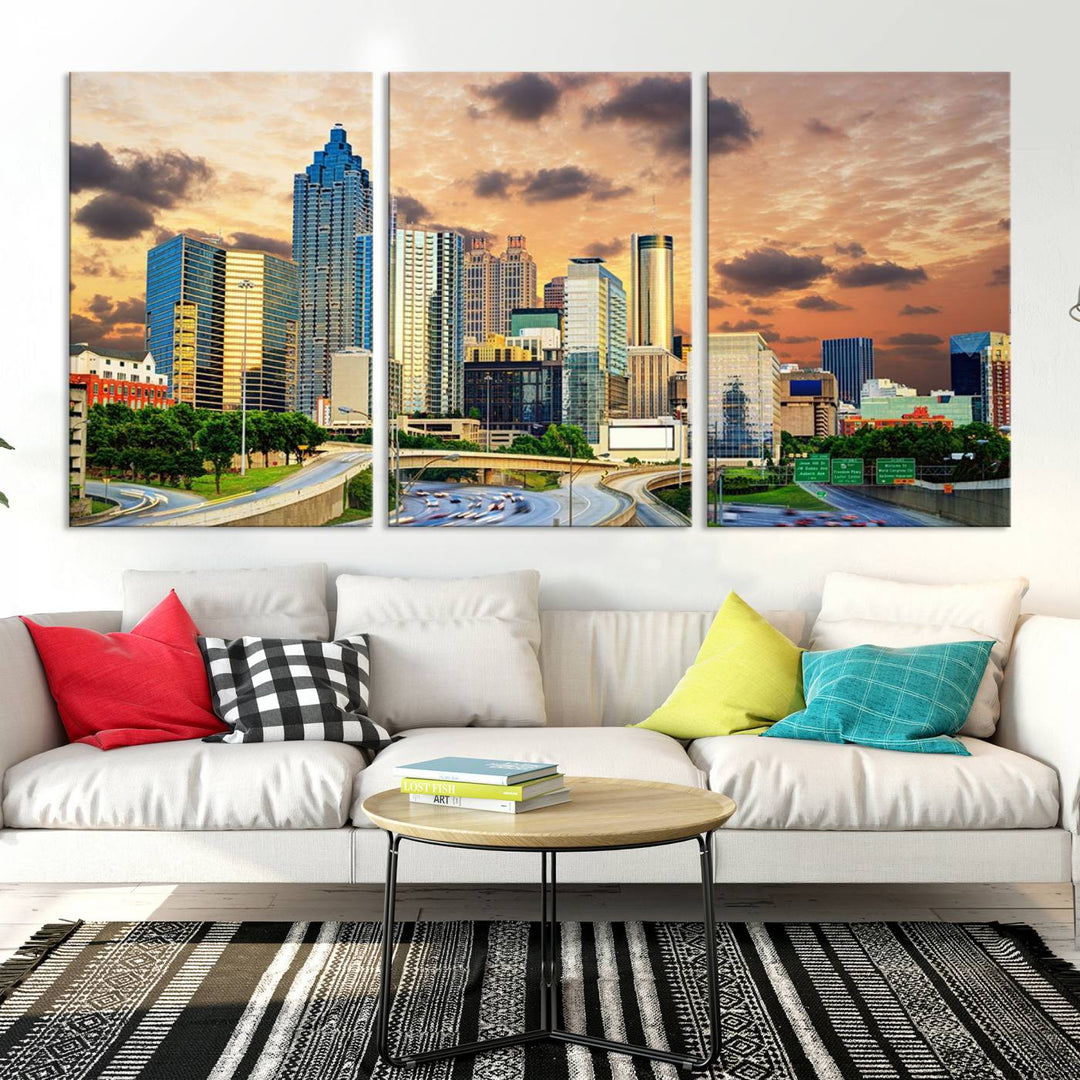 Atlanta City Lights Coucher de soleil Skyline Paysage urbain Vue Art mural Impression sur toile