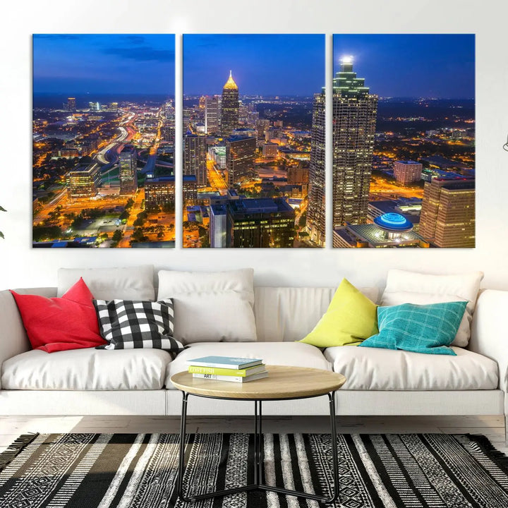 An elegant Atlanta City Blue Skyline Cityscape View Wall Art Canvas Print graces the wall, offering a sophisticated addition to your living space. Enjoy free shipping on this stylish piece.