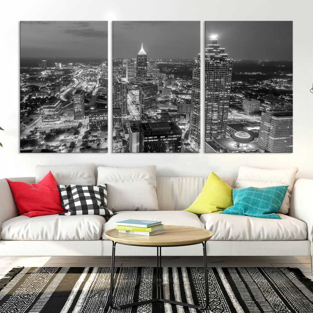 Atlanta City Skyline Art mural noir et blanc Paysage urbain Impression sur toile