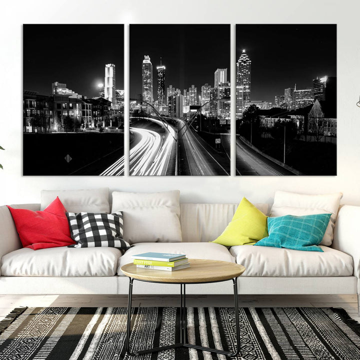 Atlanta City Lights Skyline Art mural noir et blanc Paysage urbain Impression sur toile