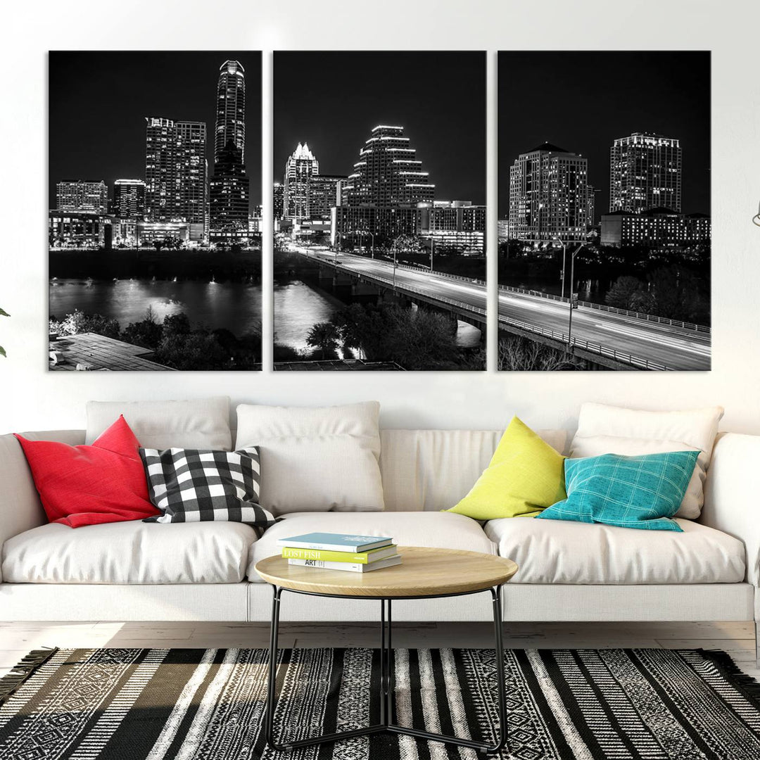 Austin City Lights Skyline Art mural noir et blanc Paysage urbain Impression sur toile