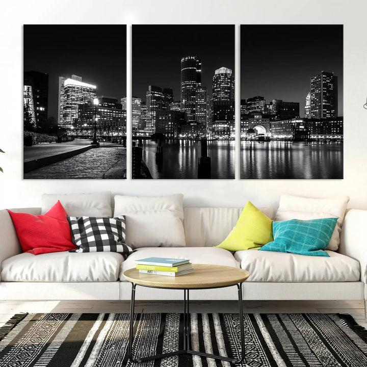 The living room showcases the Boston City Lights Skyline Black and White Wall Art Canvas Print.