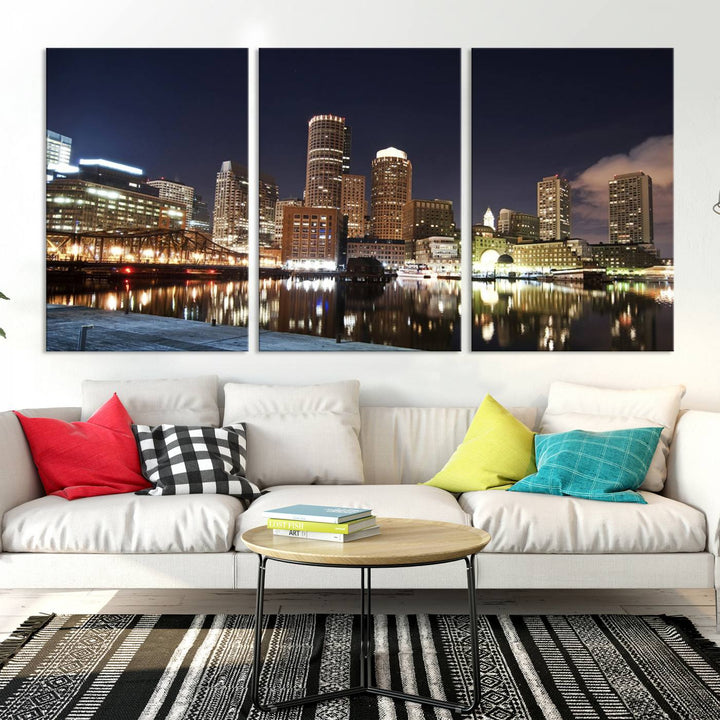 The Boston City Lights Skyline Cityscape View Wall Art Canvas Print showcases a nighttime cityscape on museum-quality canvas.