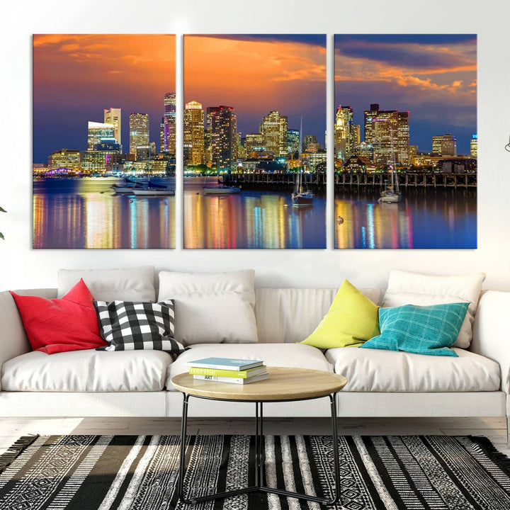 Boston City Night Blue and Orange Skyline Cityscape View Wall Art Canvas Print 