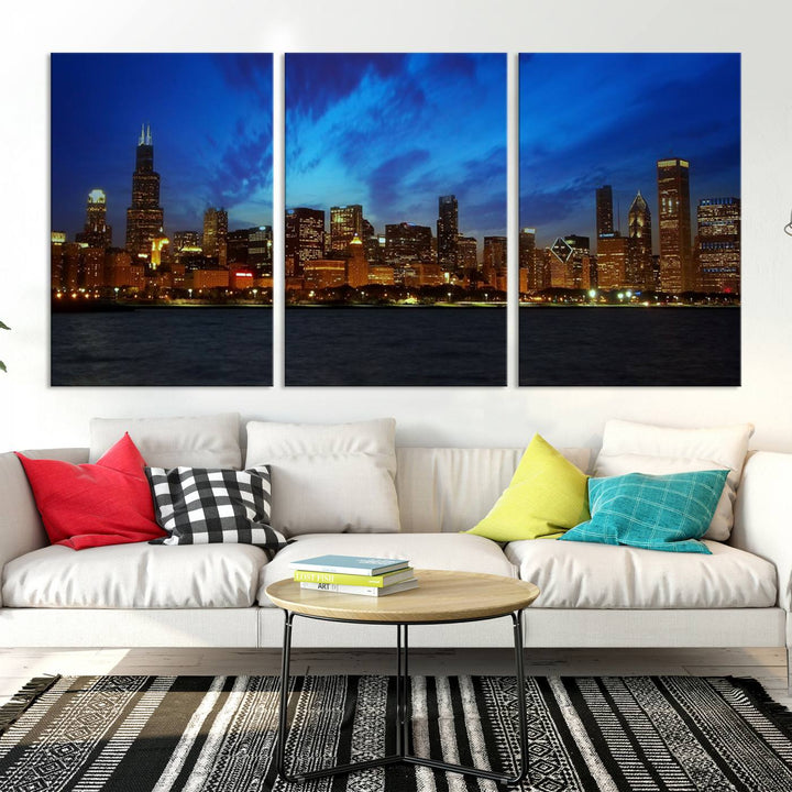 Chicago City Lights Night Blue Wall Art Canvas Print 