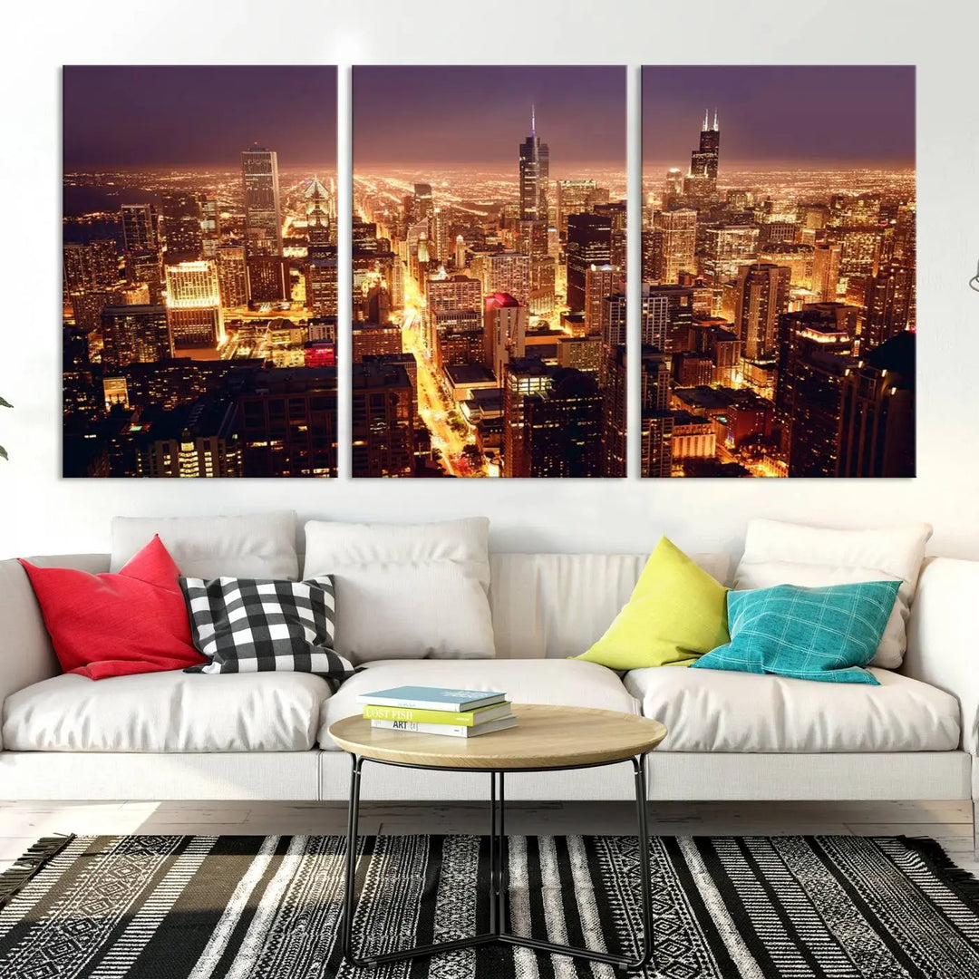 A large artwork showcasing the Chicago Night Skyline cityscape is elegantly displayed on a gallery-wrapped, museum-quality canvas.