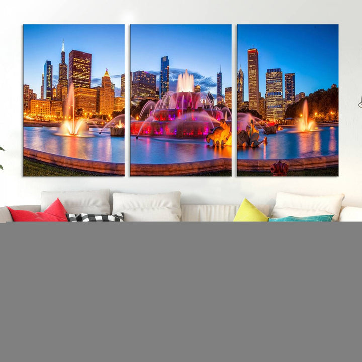 Chicago City Colorful Lights Night Skyline Cityscape View Wall Art Canvas Print