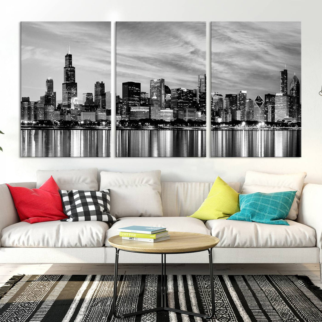 Chicago City Cloudy Skyline Black and White Wall Art Cityscape Canvas Print