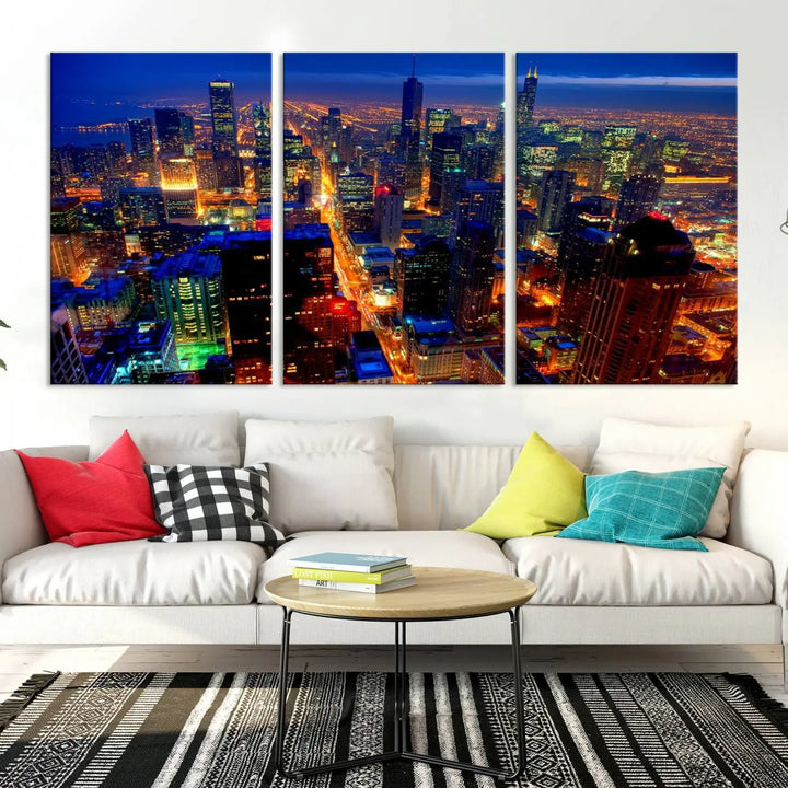 The "Chicago Night Skyline Wall Art" on museum-quality canvas adds long-lasting appeal to the living room.