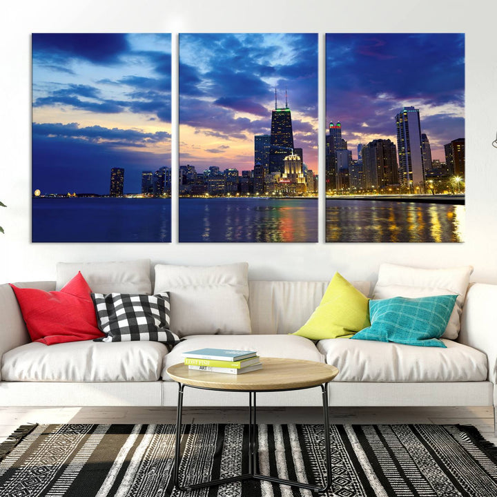 Chicago City Lights Night Cloudy Blue Skyline Cityscape View Wall Art Canvas Print