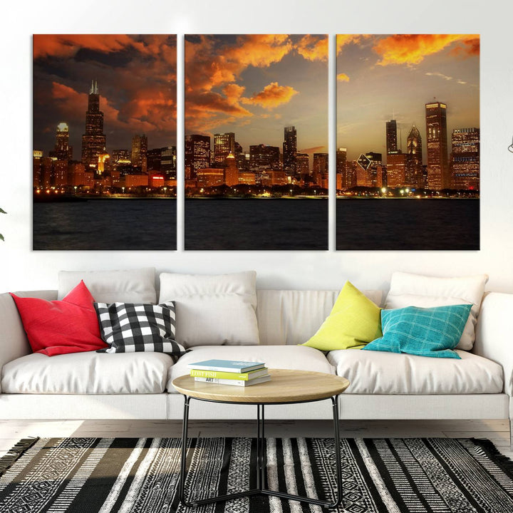 Chicago City Lights Coucher de soleil Orange Nuageux Skyline Paysage urbain Vue Art mural Impression sur toile