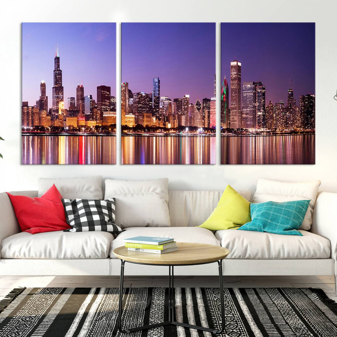 Chicago City Lights Night Purple Skyline Cityscape View Wall Art Canvas Print