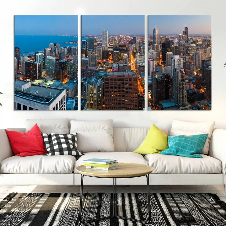 Product Name: Chicago Night Skyline Wall Art City Cityscape

Artwork Description: This artwork is a triptych depicting the Chicago city skyline at night. Created on museum-quality canvas with a UV-protective coating, it comes ready to hang and seamlessly enhances any space.