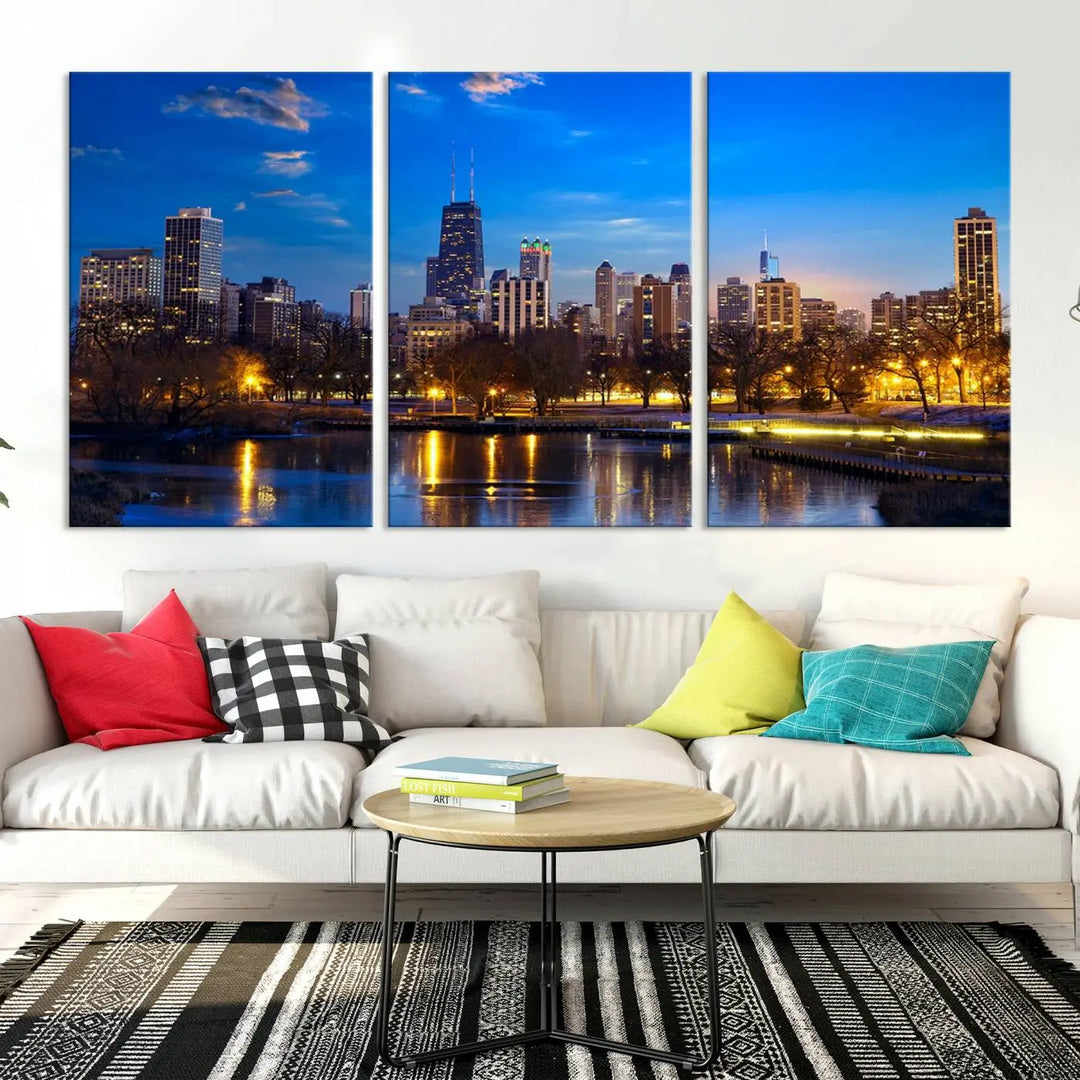 A triptych photo titled "Chicago City Lights Night Blue Skyline Cityscape View Wall Art Canvas Print" is elegantly displayed on gallery-wrapped, museum-quality canvases.