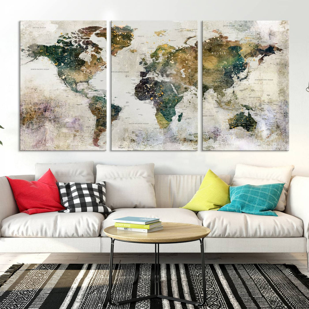 Impresión de arte de pared de mapa del mundo grande - Mapa en lienzo Galería Juego de pared de 3 paneles Regalo para mapa de viajero