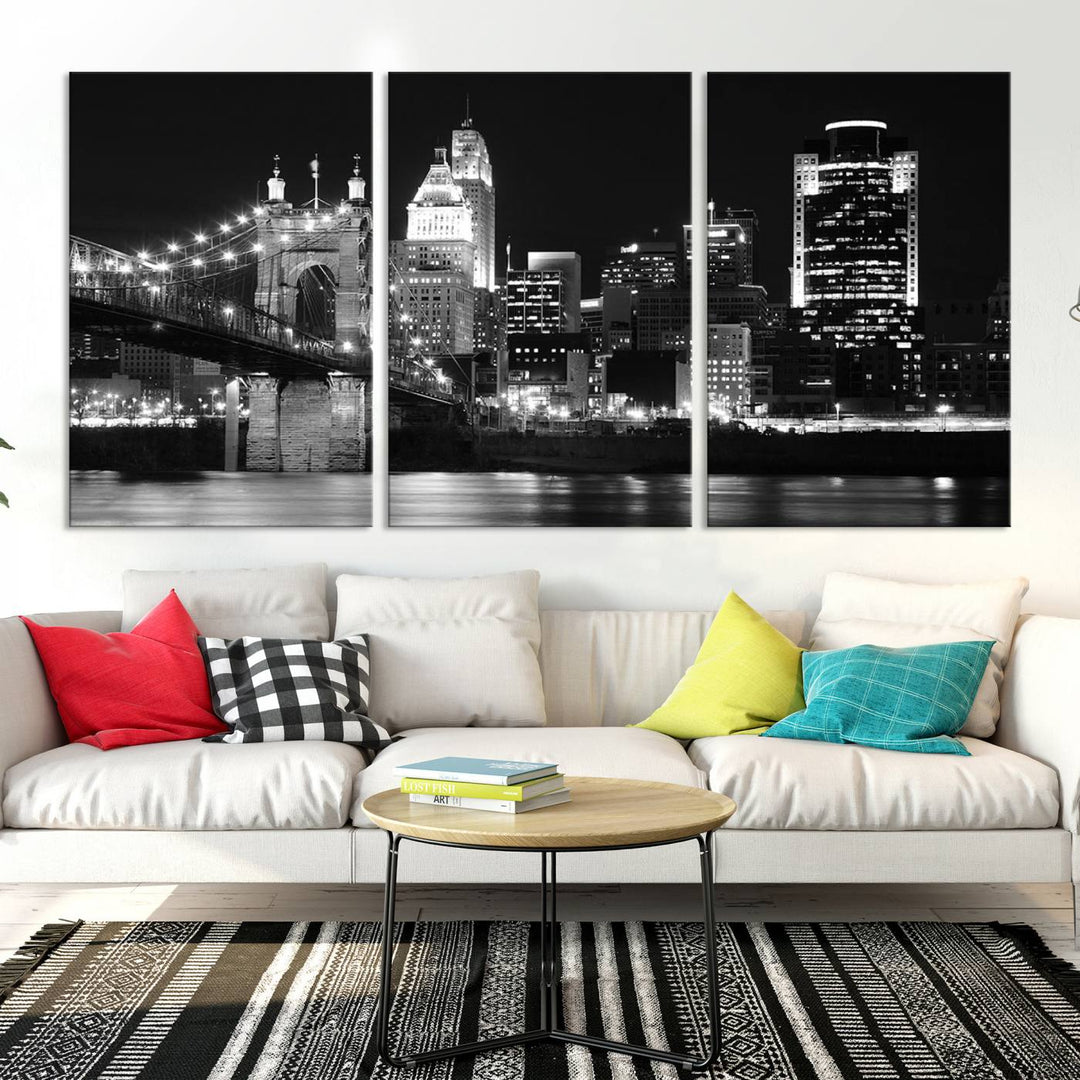 The Cincinnati City Skyline Black and White Wall Art Cityscape Canvas Print is prominently displayed.