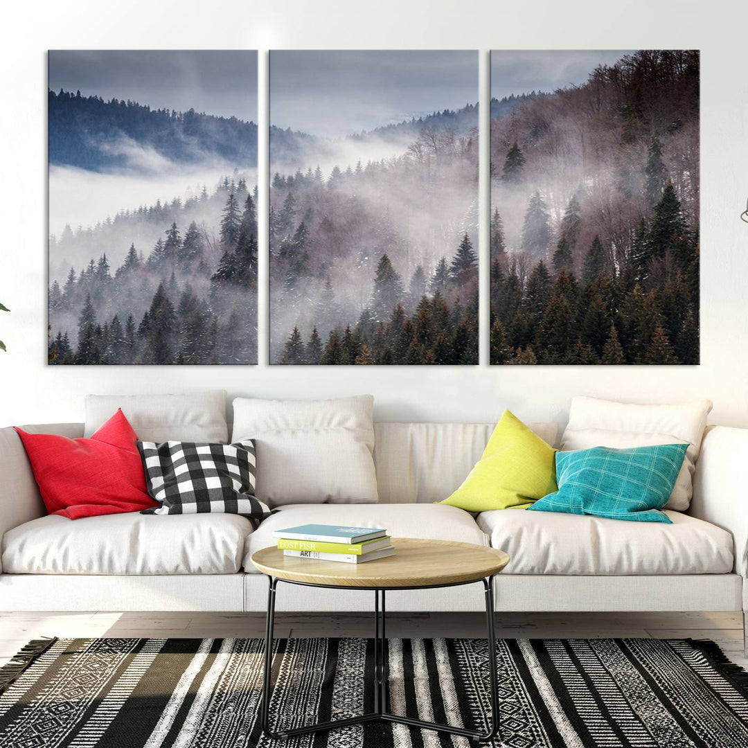 The "Beautiful Rising Fog in Winter Mountain Landscape" wall art is presented on museum-quality canvas, adding a striking visual element to the living room.