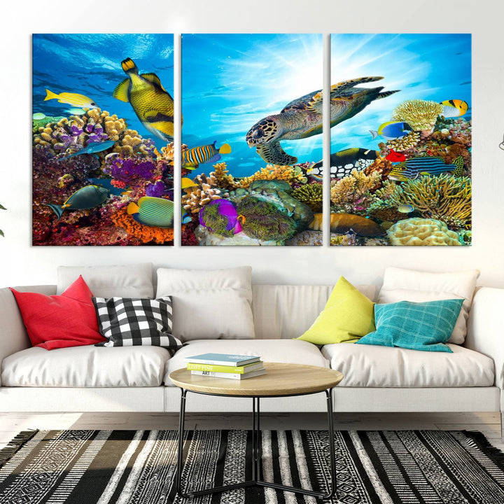 The Aquatic Life Sea Turtles Fish Wall Art Canvas Print is a triptych of vibrant underwater scenes featuring a sea turtle, various fish, and colorful coral. Crafted on museum-quality canvas, this handcrafted masterpiece brings the ocean to life in any space.