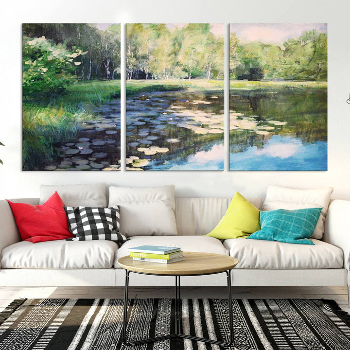 The "Forest Pond River Lake Wall Art Canvas Print" showcases a serene lakeside landscape with trees and water lilies. Crafted on museum-quality canvases and enhanced with UV-protective coating, this piece serves as an elegant addition to any space.