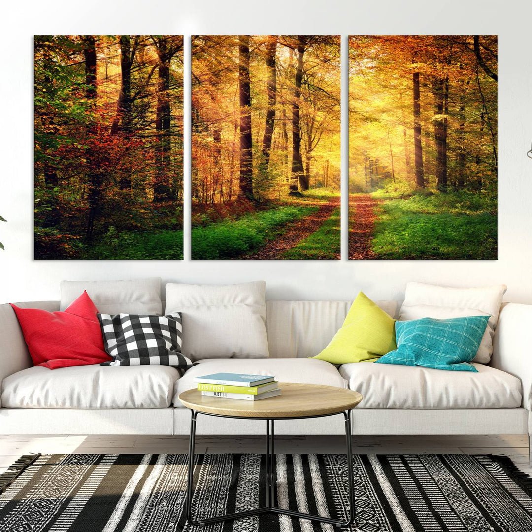 The Sunlight Through Trees Wall Art Canvas Print showcases a sunlit forest path in autumn on gallery-wrapped, museum-quality canvas with UV-protective coating.