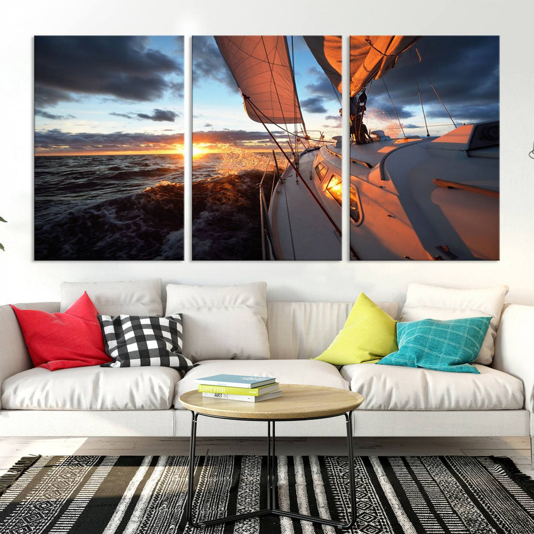 The modern living room is adorned with the Ocean Sunset Sailboat Wall Art, a triptych crafted on museum-quality canvas featuring UV-protective coating for lasting vibrancy.