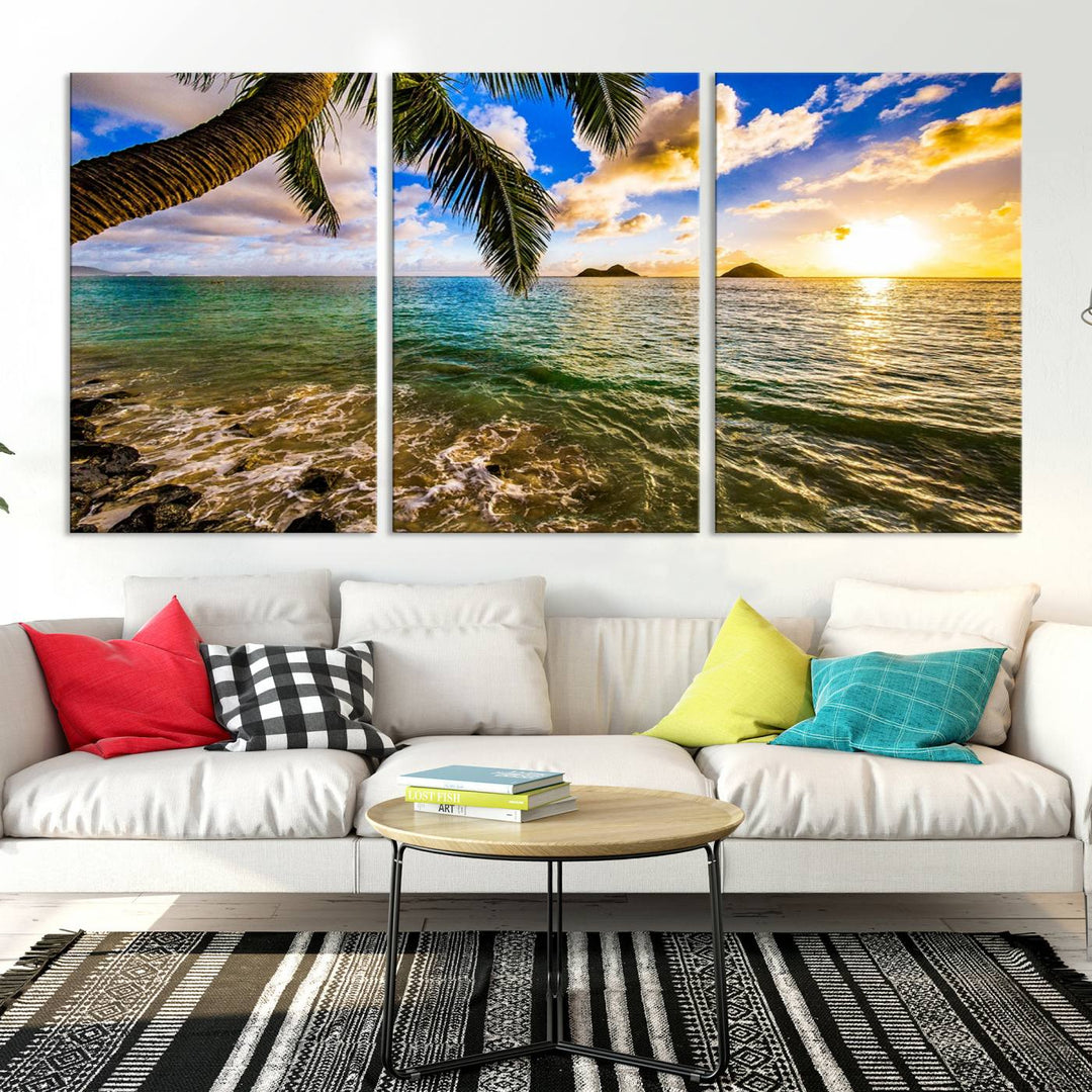 The Sunset Lake View Wall Art Canvas Print, gallery wrapped on a museum-quality canvas, enhances the vibrant living room decor with its UV-protective coating.