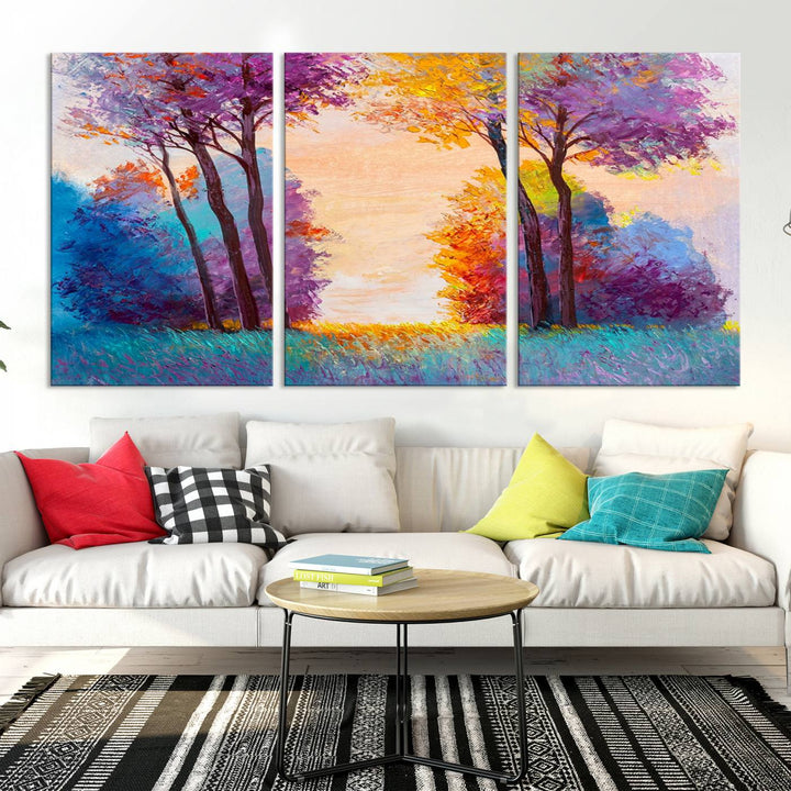 Oil Paint Effect Trees Wall Art Canvas Print features a UV-protective coating for lasting vibrancy.