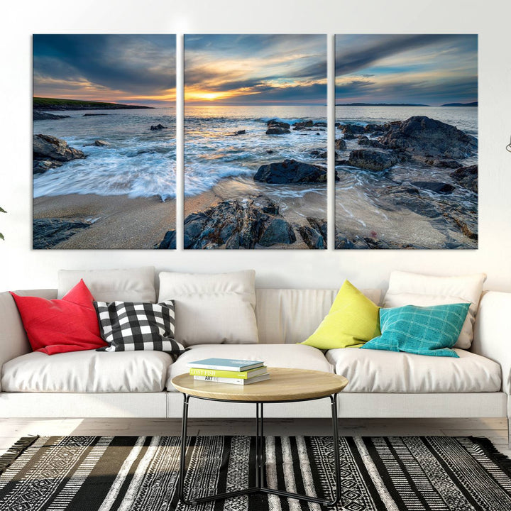 The "Beautiful Stormy Sunset at Bagh Steinigidh Beach Stones" triptych ocean-themed wall art is displayed on museum-quality canvas and features a UV-protective coating.