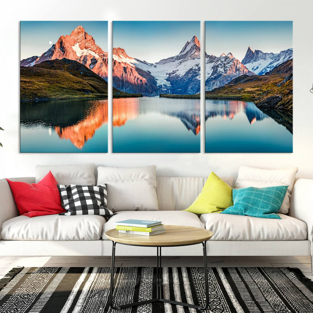 The living room features the Landscape Mountain and Lake View Wall Art Canvas Print. This triptych is expertly handmade in the USA on museum-quality canvas and includes a UV-protective coating to ensure lasting beauty.