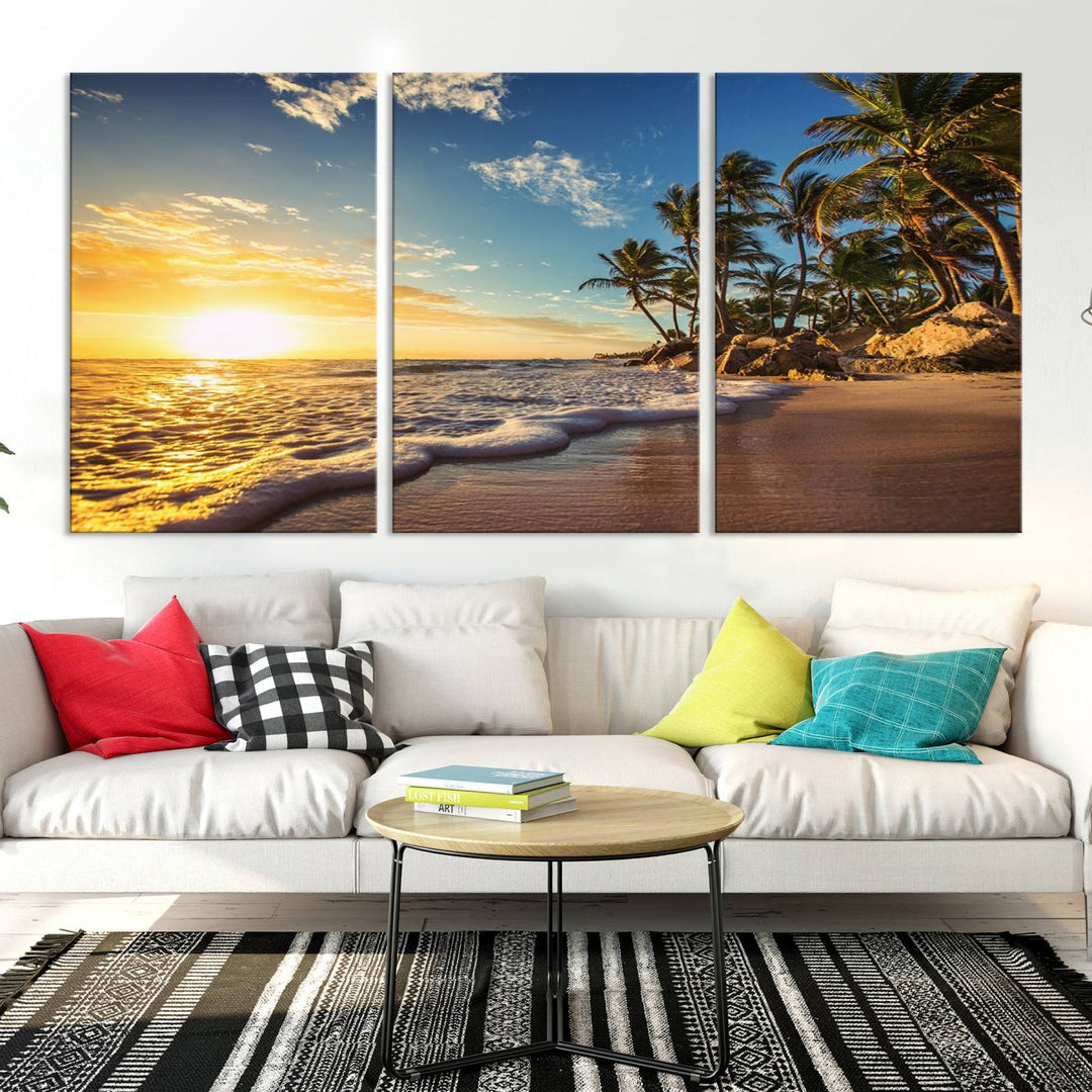 The wall features a Sunset Ocean View Beach Canvas Print, showcasing museum-quality craftsmanship by professional artisans.