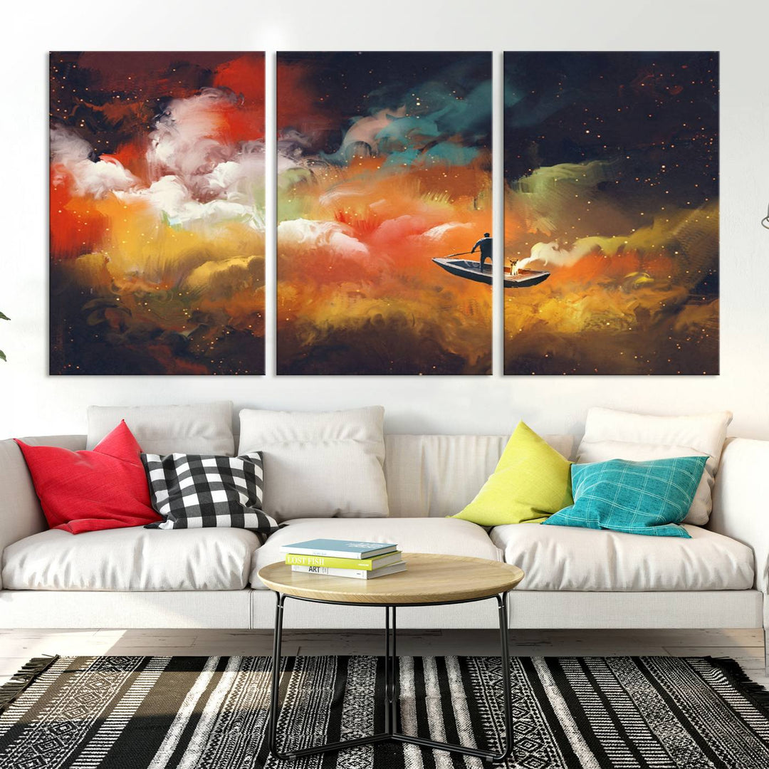 The "Surreal Space Adventure Canvas Wall Art" is a dreamlike abstract galaxy print with an astronaut among clouds, inviting you on a space adventure. This stunning piece comes framed and ready to hang, making it perfect for enhancing living room or bedroom decor.