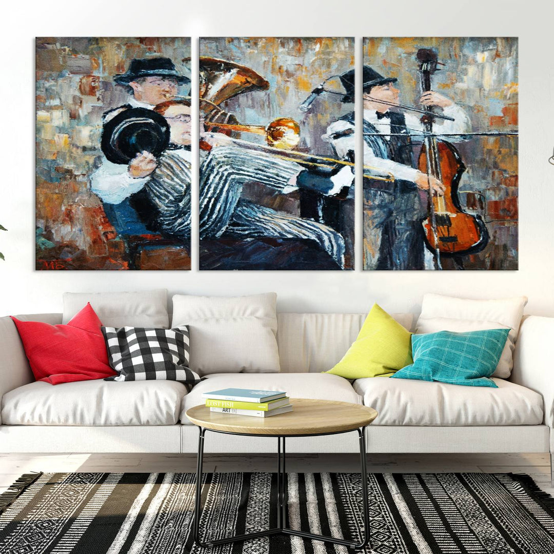 The Good Old Days Musicians Wall Art Canvas Print graces the wall, merging art with elegance. This museum-quality canvas comes with a UV-protective coating and is ready to hang.