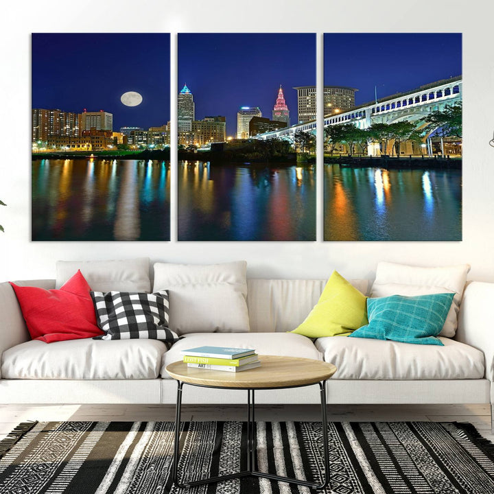 Cleveland City Lights Night Skyline, a stunning triptych wall art cityscape canvas print with museum-quality UV-protective coating, is beautifully showcased.