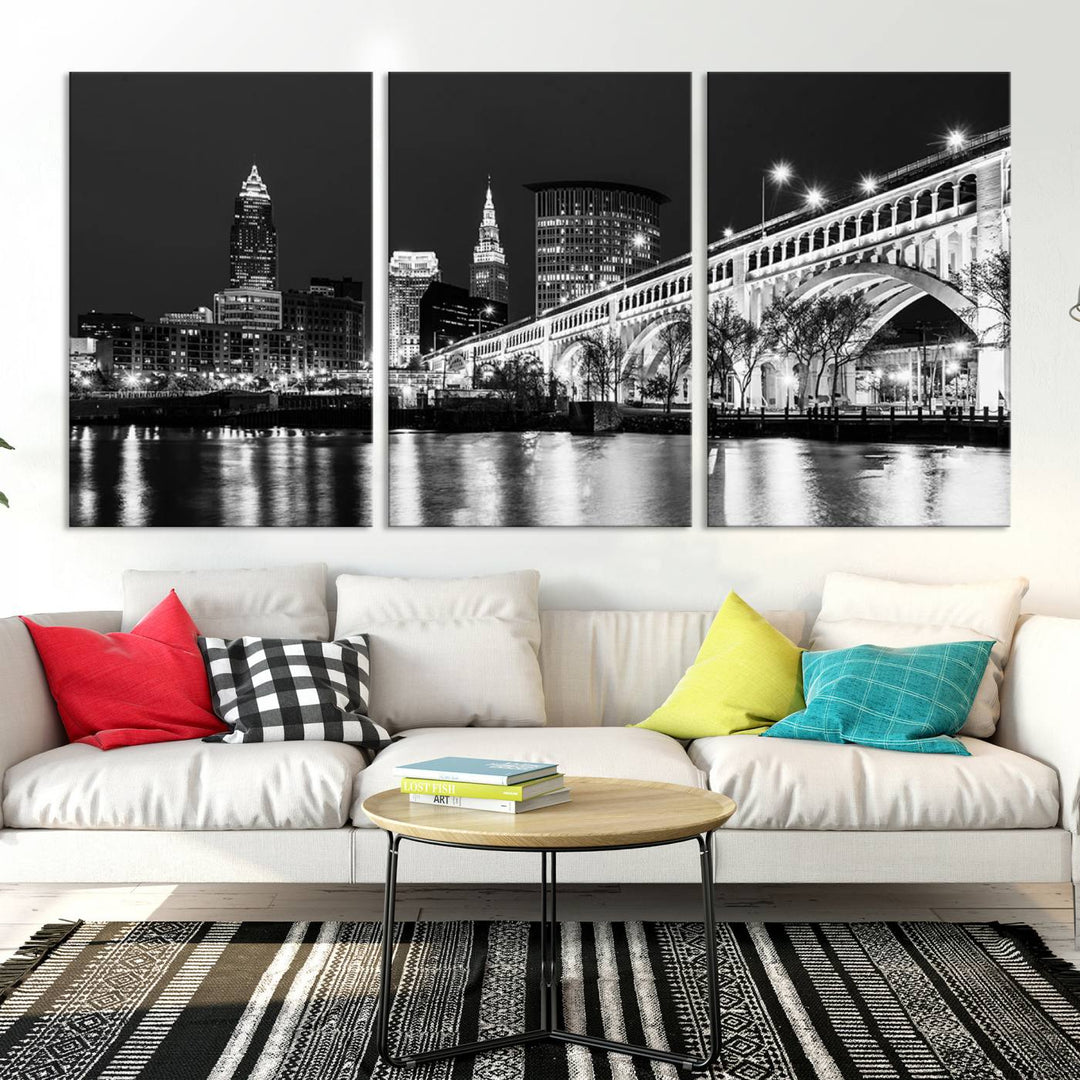 Enhance your space with the Cleveland Night Skyline Wall Art City Cityscape Canvas Print, a museum-quality black and white triptych. This ready-to-hang masterpiece is designed to elevate any room's aesthetic.