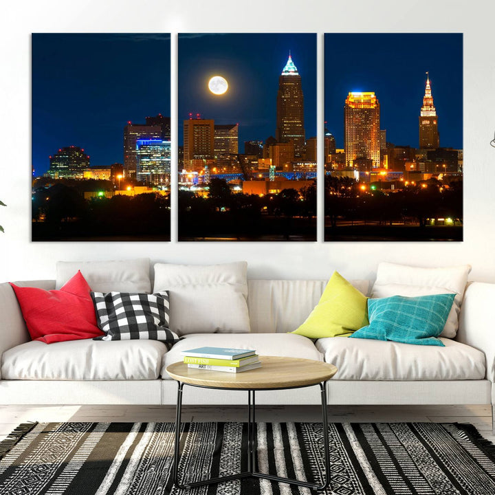 The "Cleveland Night Skyline Wall Art City Cityscape Canvas Print" adds elegance to the room with its depiction of a city skyline and full moon on museum-quality canvas. The artwork is enhanced by a UV-protective coating to ensure lasting brilliance.