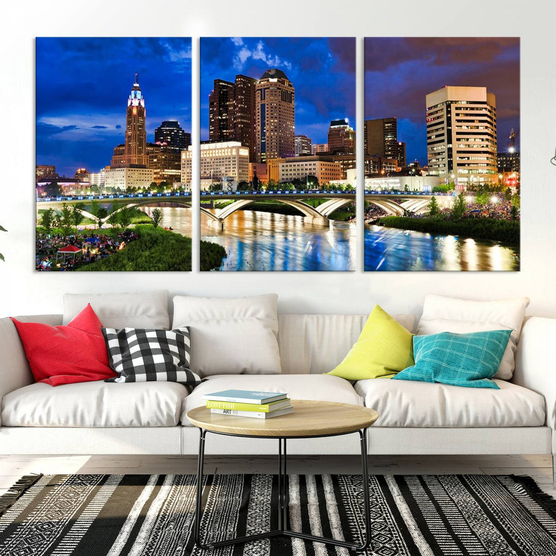 The Columbus City Lights Night Bright Blue Cloudy Skyline Cityscape View Wall Art Canvas Print, crafted on museum-quality canvas and finished with a UV-protective coating, adorns the wall.