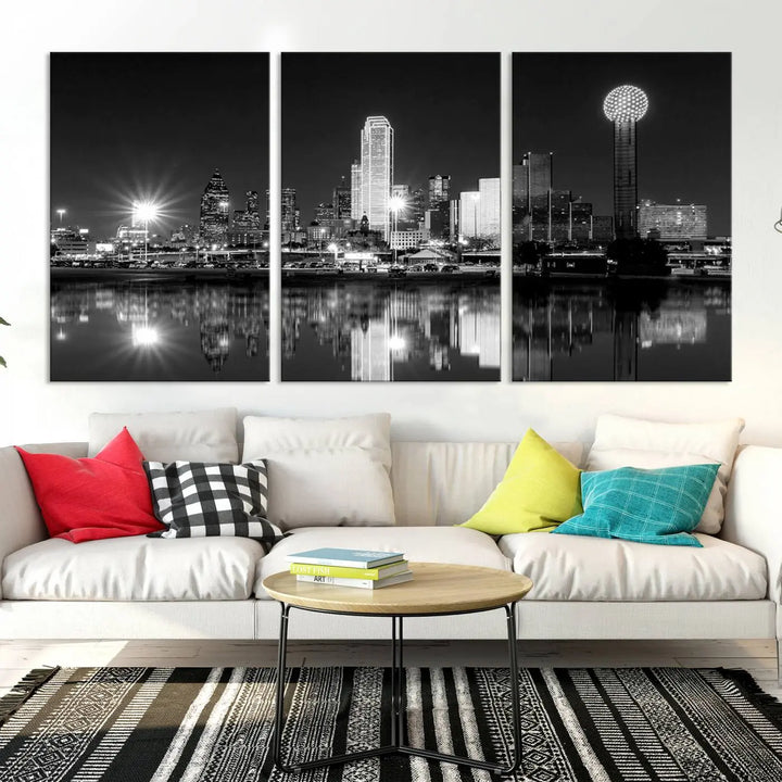 The Dallas City Lights Skyline Black and White Wall Art Cityscape Canvas Print is a striking addition to any space. These museum-quality canvases feature a UV-protective coating to maintain their beauty over time. Enjoy the convenience of free shipping when you choose this elegant piece for your home.