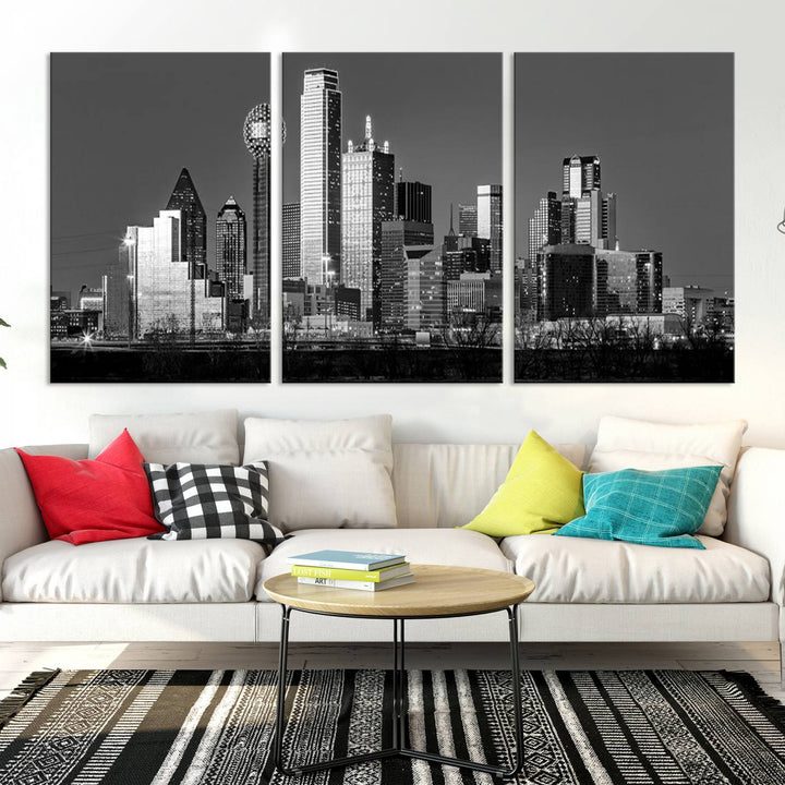 The Dallas City Skyline Black and White Wall Art Cityscape Canvas Print features a gallery-wrapped, museum-quality finish.