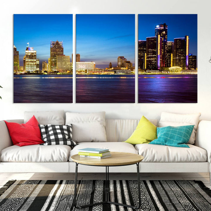 The living room features a breathtaking canvas print titled "Detroit City Lights Night Bright Blue Skyline Cityscape View," presented in a stunning triptych format on museum-quality canvases that are ready to hang.