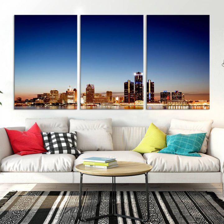 The Detroit City Lights Sunrise Skyline Cityscape View Wall Art Canvas Print adorns the modern living room. Crafted on museum-quality canvas with a UV-protective coating, this piece is ready to hang and elegantly elevates your décor.