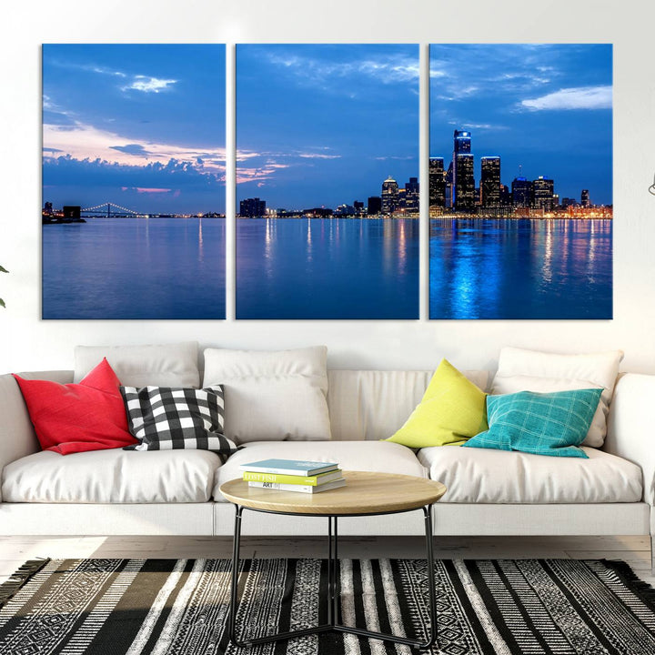 The "Detroit City Lights Night Blue Cloudy Skyline Cityscape View" wall art, displayed on museum-quality canvases, is split into three gallery-wrapped panels.