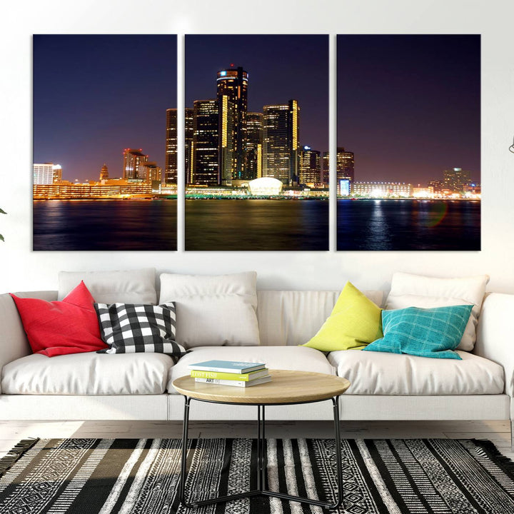 The Detroit City Lights Night Skyline Cityscape View Wall Art Canvas Print, elegantly split into three panels, is made from museum-quality pollycotton and gallery wrapped for a sophisticated touch. It is available with free shipping to effortlessly elevate your space.