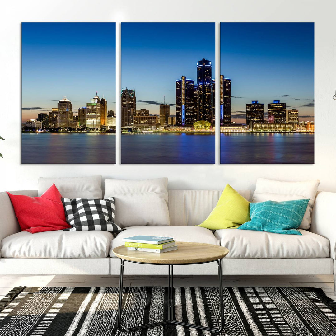 Detroit City Lights Sunrise Skyline Cityscape View Wall Art Canvas Print