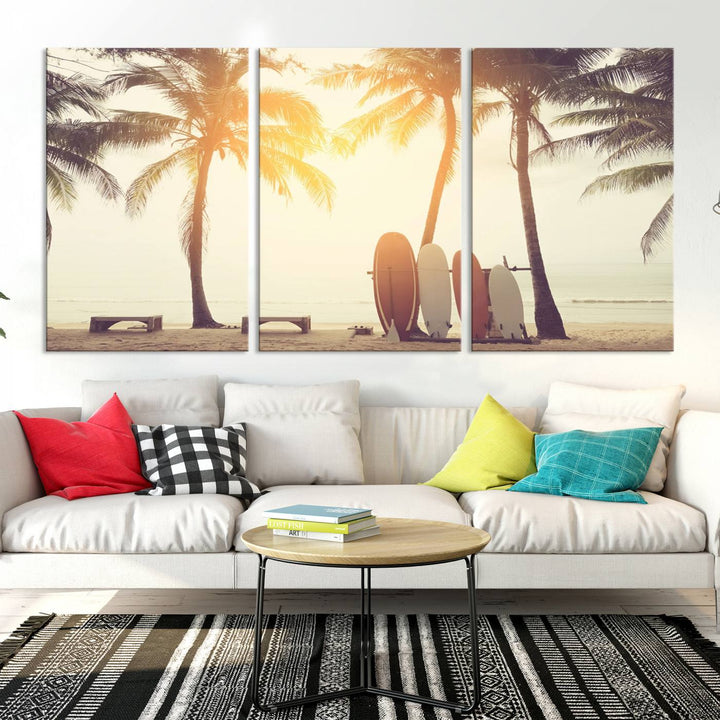 Surfboard and Palm Tree on Beach Double Exposure with Colorful Bokeh Sunset Light Wall Art Canvas