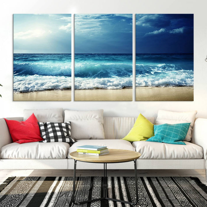 Impresiones en lienzo de playa, paisaje marino, foto náutica, lienzo costero, lienzo de olas de mar, arte de pared extragrande, decoración de pared de playa